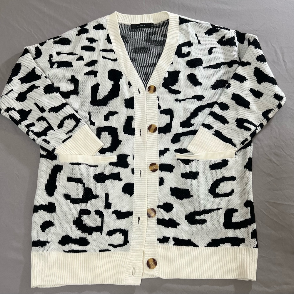ZESICA Leopard Black N White Print Knitted Cardigan Long sleeves Size L - Picture 5 of 16